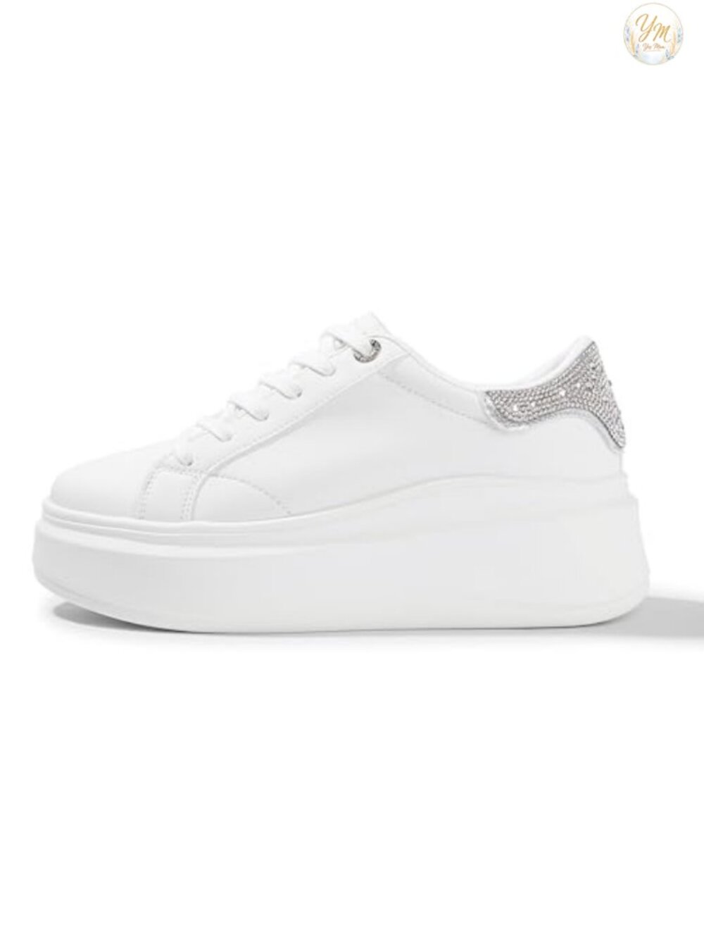 Platform Sneakers Thick Sole Faux Leather Rhinestone